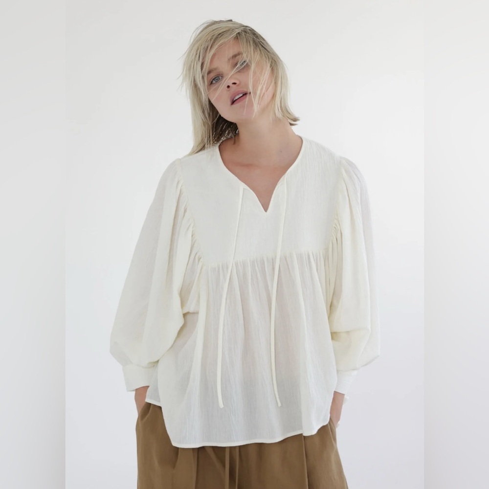 NWOT Amente Women’s Quilted Peasant Blouse Top Ivory Beige Cotton Size L Boho